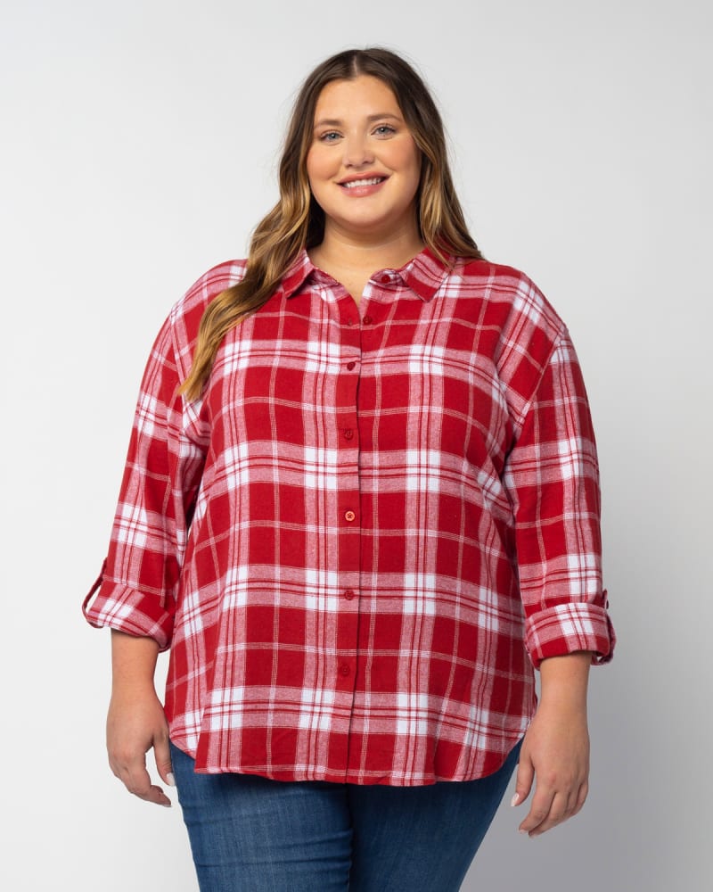 Front of a model wearing a size 1X Boyfriend Plaid in Crimson by chicka-d. | dia_product_style_image_id:289404